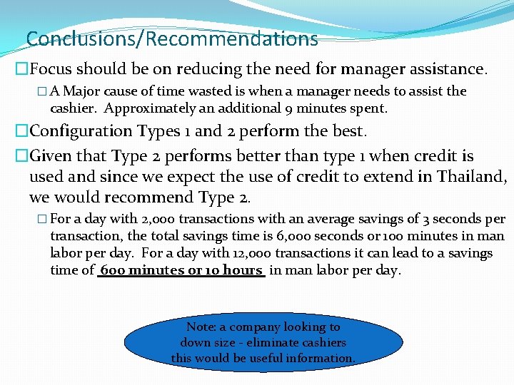 Conclusions/Recommendations �Focus should be on reducing the need for manager assistance. � A Major