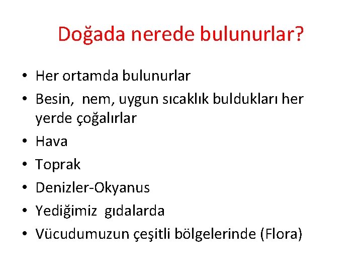 Doğada nerede bulunurlar? • Her ortamda bulunurlar • Besin, nem, uygun sıcaklık buldukları her