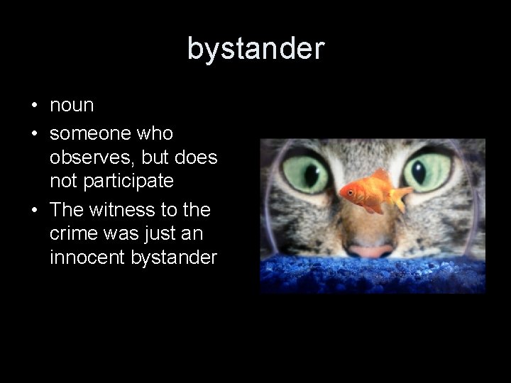 bystander • noun • someone who observes, but does not participate • The witness