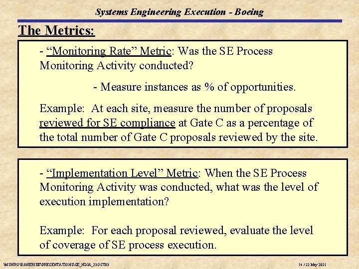 Systems Engineering Execution - Boeing The Metrics: - “Monitoring Rate” Metric: Was the SE Systems Engineering Execution - Boeing The Metrics: - “Monitoring Rate” Metric: Was the SE