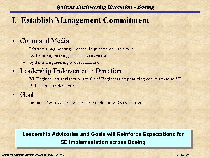 Systems Engineering Execution - Boeing I. Establish Management Commitment • Command Media – “Systems Systems Engineering Execution - Boeing I. Establish Management Commitment • Command Media – “Systems