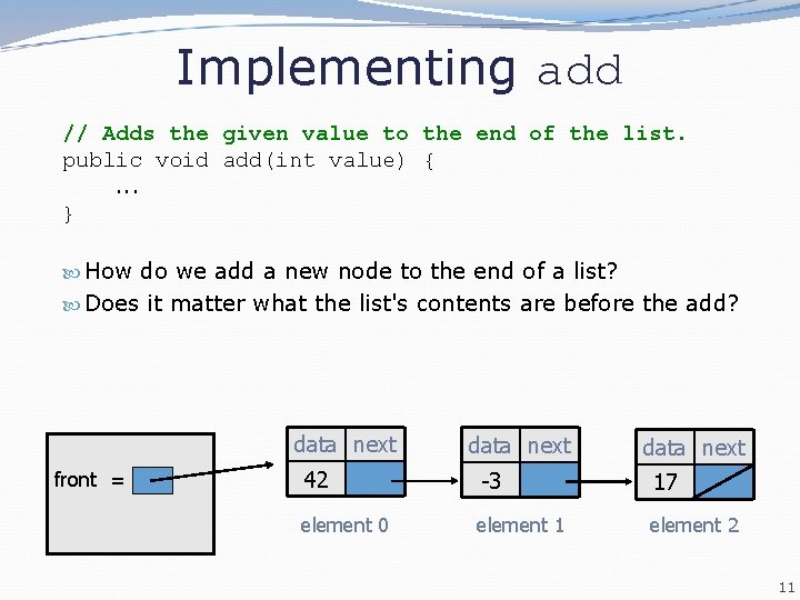 Implementing add // Adds the given value to the end of the list. public Implementing add // Adds the given value to the end of the list. public