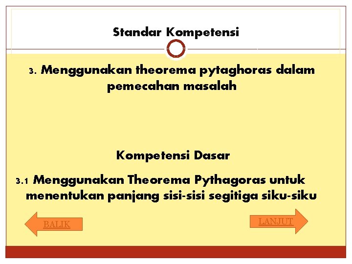 Standar Kompetensi 3. Menggunakan theorema pytaghoras dalam pemecahan masalah Kompetensi Dasar 3. 1 Menggunakan