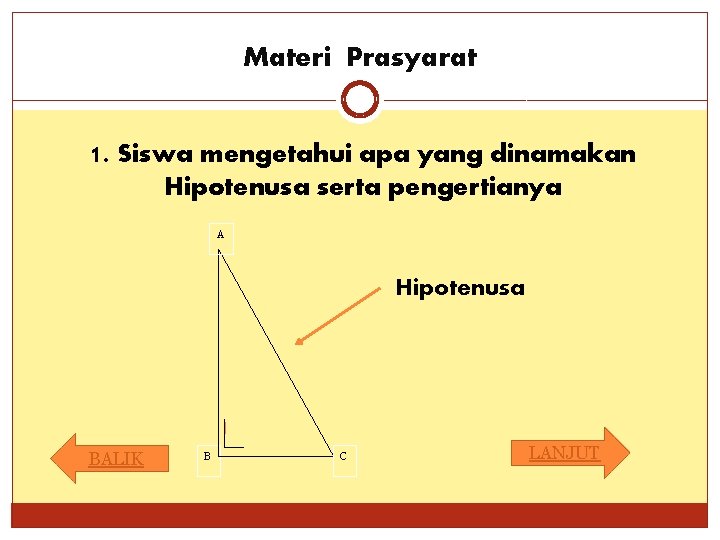 Materi Prasyarat 1. Siswa mengetahui apa yang dinamakan Hipotenusa serta pengertianya A Hipotenusa BALIK