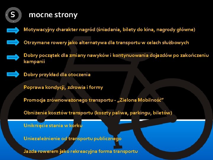 S mocne strony Motywacyjny charakter nagród (śniadania, bilety do kina, nagrody główne) Otrzymane rowery