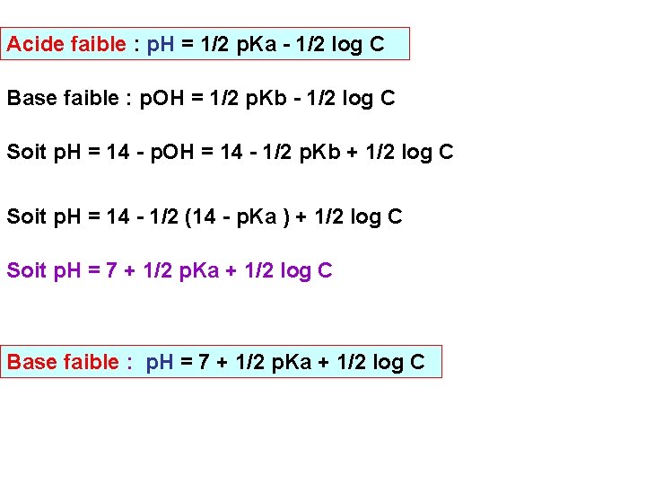 Acide faible : p. H = 1/2 p. Ka - 1/2 log C Base