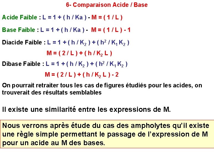 6 - Comparaison Acide / Base Acide Faible : L = 1 + (