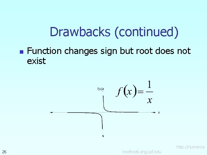 Drawbacks (continued) n 26 Function changes sign but root does not exist lmethods. eng.