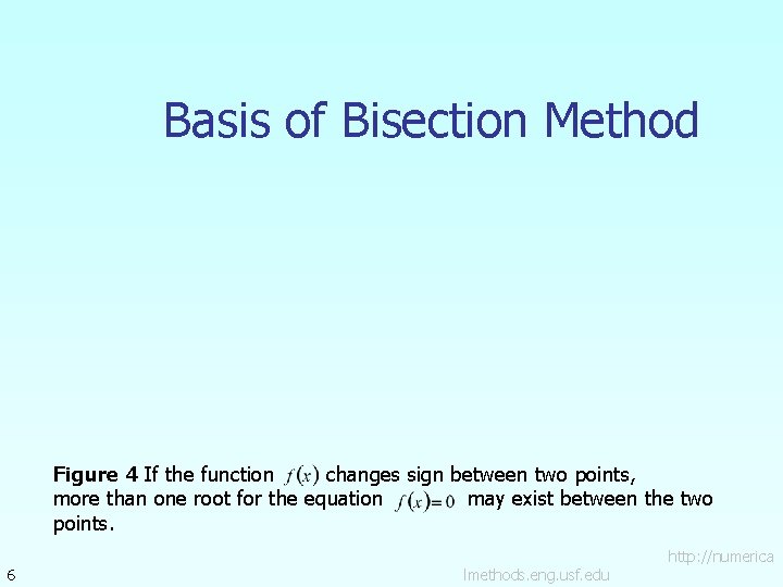 Basis of Bisection Method Figure 4 If the function changes sign between two points,