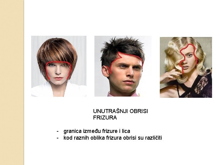 UNUTRAŠNJI OBRISI FRIZURA - granica između frizure i lica - kod raznih oblika frizura