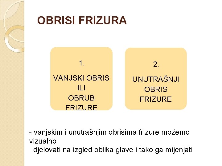 OBRISI FRIZURA 1. 2. VANJSKI OBRIS ILI OBRUB FRIZURE UNUTRAŠNJI OBRIS FRIZURE - vanjskim