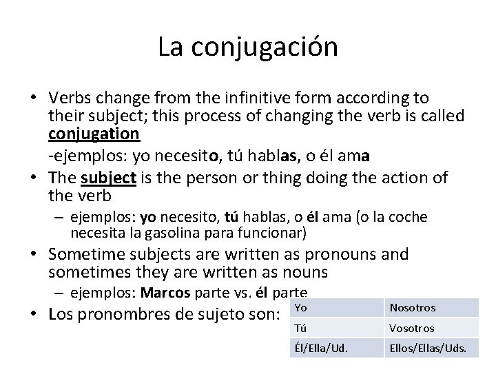 La conjugación • Verbs change from the infinitive form according to their subject; this