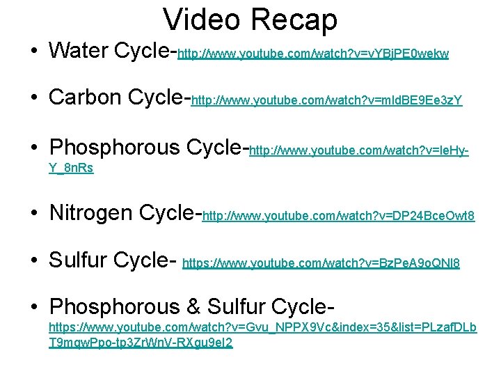 Video Recap • Water Cycle-http: //www. youtube. com/watch? v=v. YBj. PE 0 wekw •