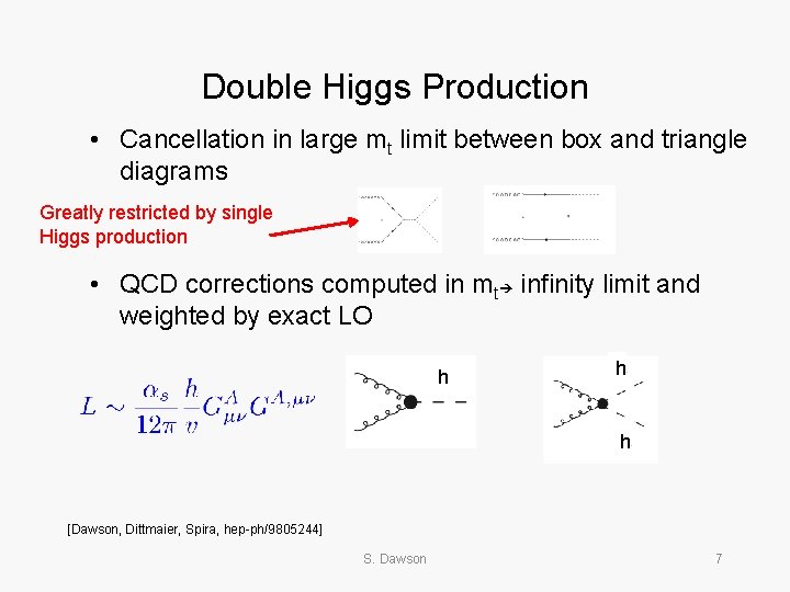 Double Higgs Production • Cancellation in large mt limit between box and triangle diagrams
