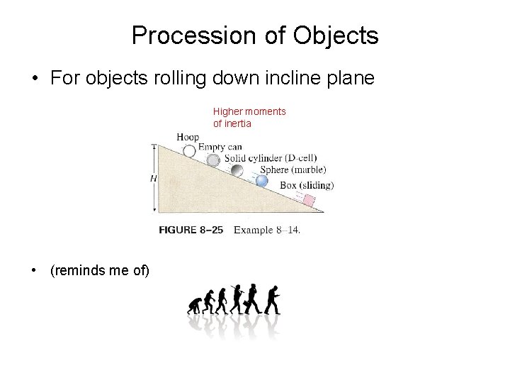 Procession of Objects • For objects rolling down incline plane Higher moments of inertia