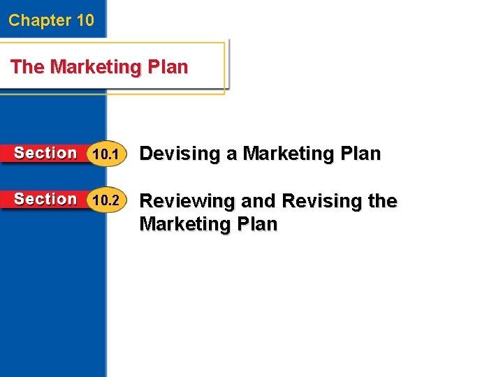 Chapter 10 The Marketing Plan 10. 1 Devising a Marketing Plan 10. 2 Reviewing