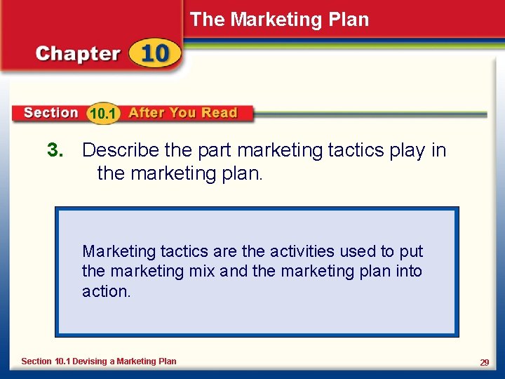 The Marketing Plan 10. 1 3. Describe the part marketing tactics play in the