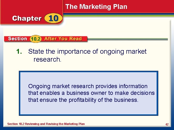 The Marketing Plan 10. 2 1. State the importance of ongoing market research. Ongoing