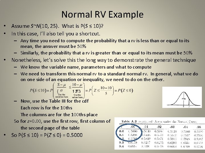 Normal RV Example • Assume S~N(10, 25). What is P(S ≤ 10)? • In