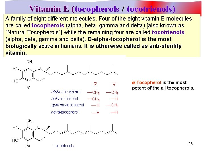 Vitamin E (tocopherols / tocotrienols) A family of eight different molecules. Four of the