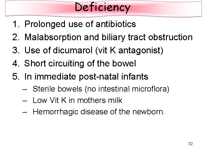 Deficiency 1. 2. 3. 4. 5. Prolonged use of antibiotics Malabsorption and biliary tract
