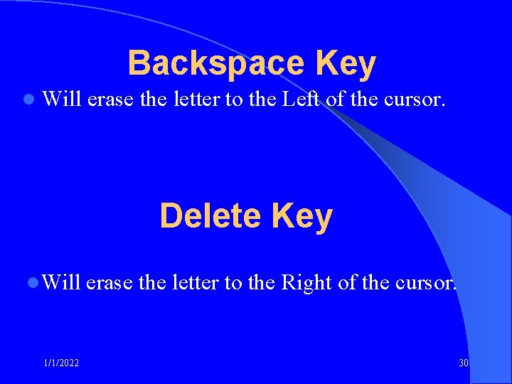 Backspace Key l Will erase the letter to the Left of the cursor. Delete