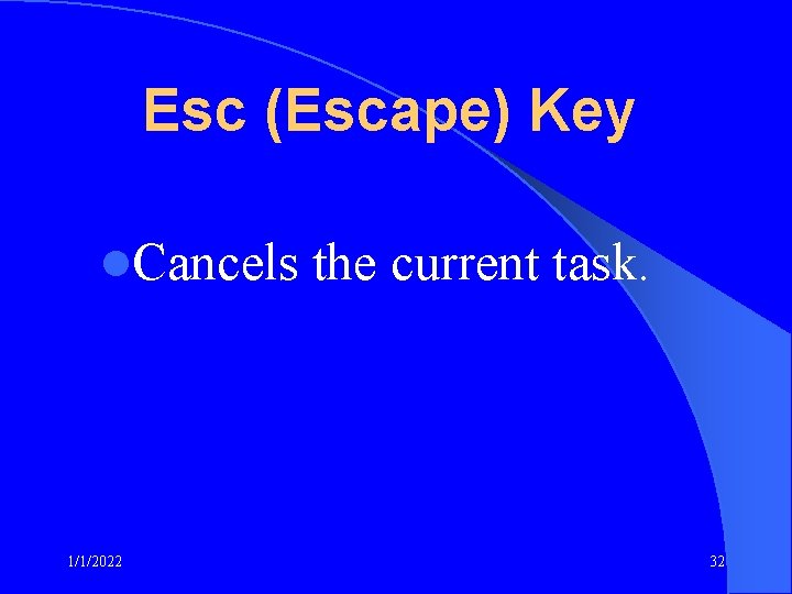 Esc (Escape) Key l. Cancels 1/1/2022 the current task. 32 