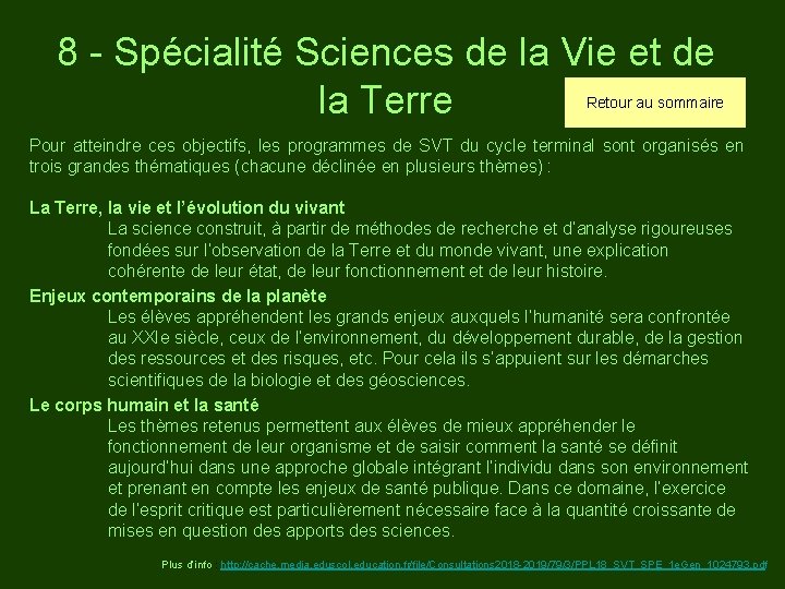 8 - Spécialité Sciences de la Vie et de la Terre Retour au sommaire