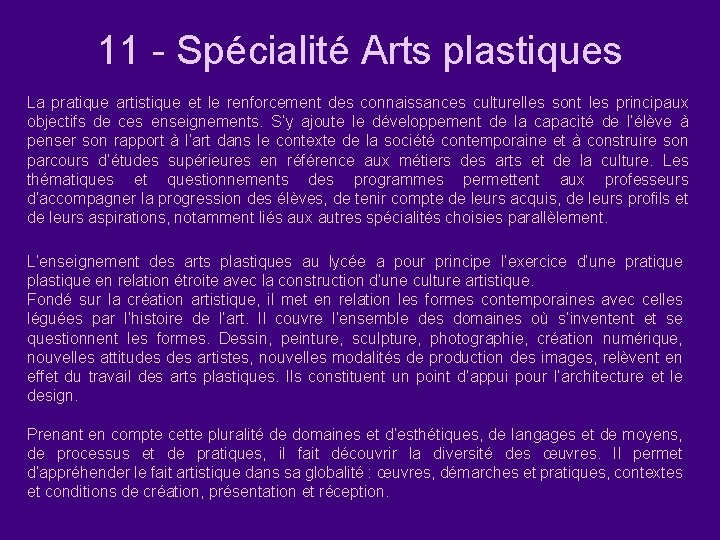 11 - Spécialité Arts plastiques La pratique artistique et le renforcement des connaissances culturelles