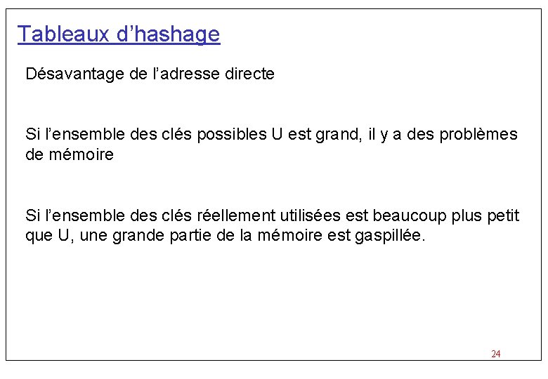 Tableaux d’hashage Désavantage de l’adresse directe Si l’ensemble des clés possibles U est grand,