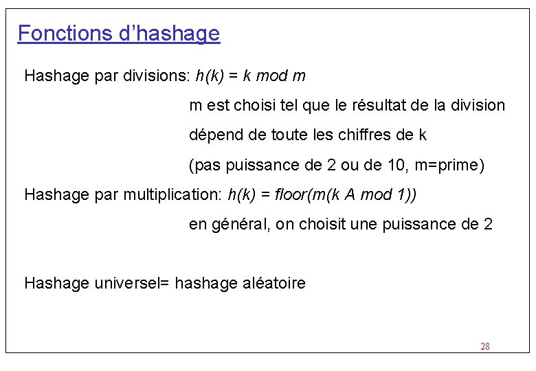 Fonctions d’hashage Hashage par divisions: h(k) = k mod m m est choisi tel