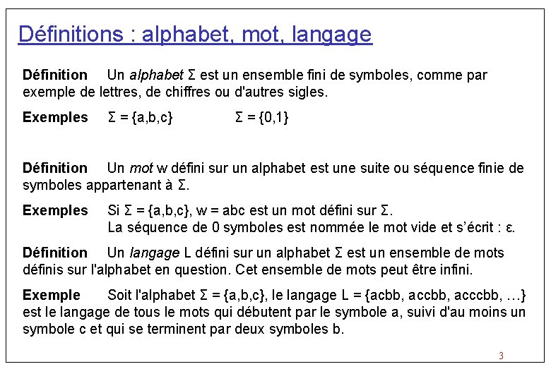 Définitions : alphabet, mot, langage Définition Un alphabet Σ est un ensemble fini de