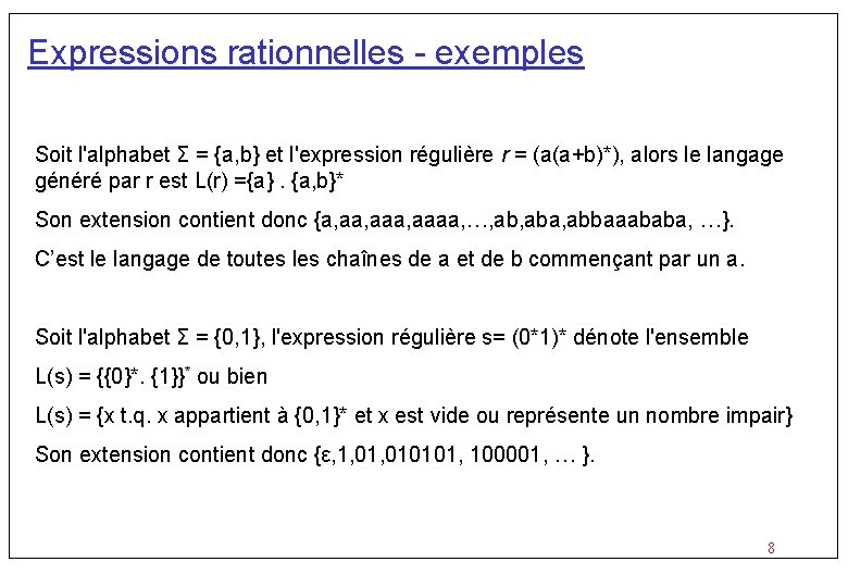 Expressions rationnelles - exemples Soit l'alphabet Σ = {a, b} et l'expression régulière r