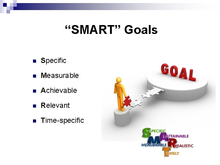 “SMART” Goals n Specific n Measurable n Achievable n Relevant n Time-specific 