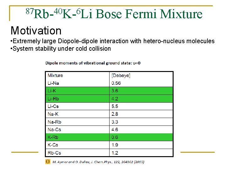 87 Rb-40 K-6 Li Bose Fermi Mixture Motivation • Extremely large Diopole-dipole interaction with