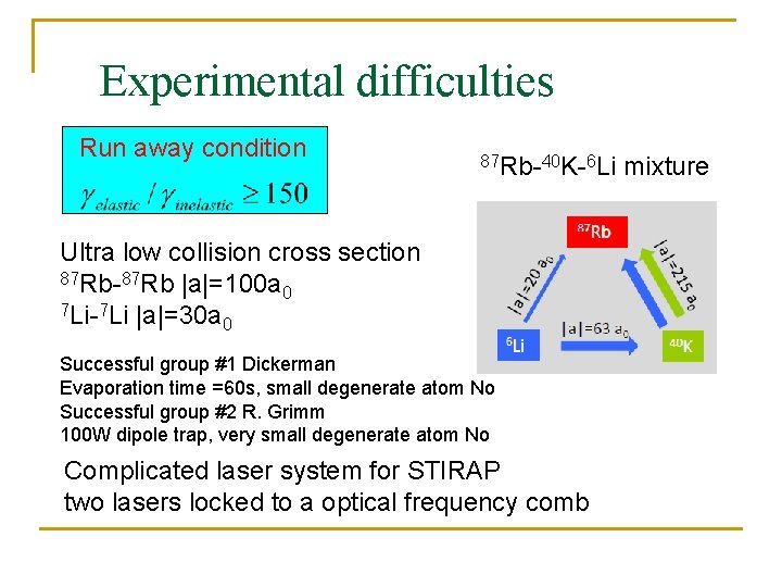 Experimental difficulties Run away condition 87 Rb-40 K-6 Li Ultra low collision cross section