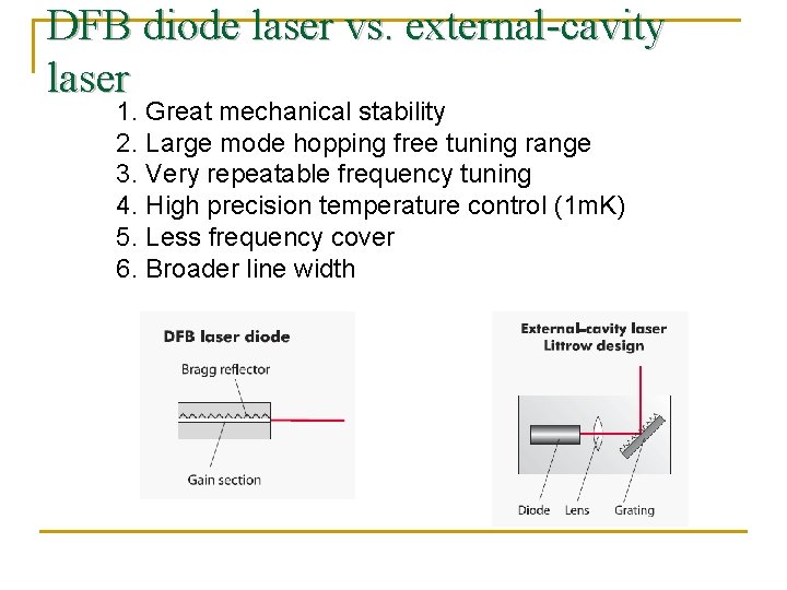 DFB diode laser vs. external-cavity laser 1. Great mechanical stability 2. Large mode hopping