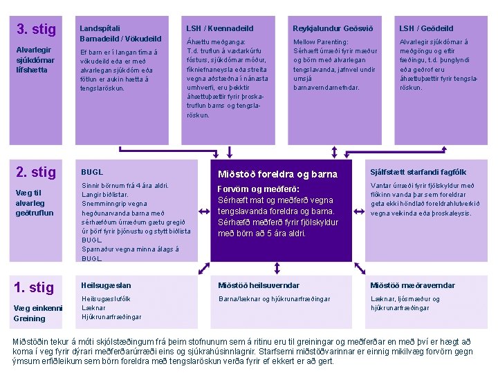 3. stig Landspítali Barnadeild / Vökudeild Alvarlegir sjúkdómar lífshætta Ef barn er í langan