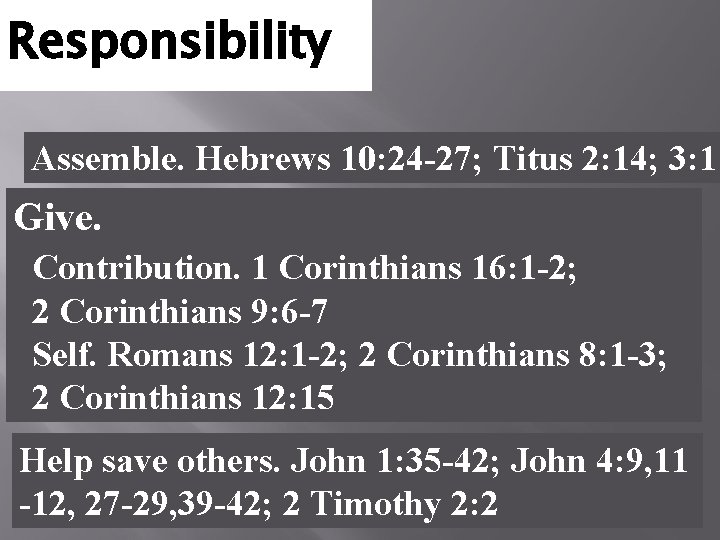 Responsibility Assemble. Hebrews 10: 24 -27; Titus 2: 14; 3: 1 Give. Contribution. 1