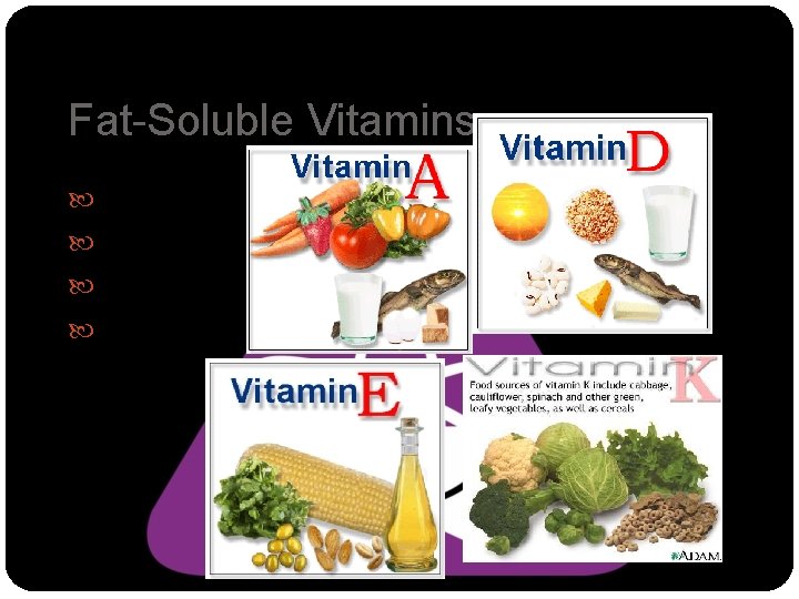 Fat-Soluble Vitamins Vitamin A Vitamin D Vitamin E Vitamin K 