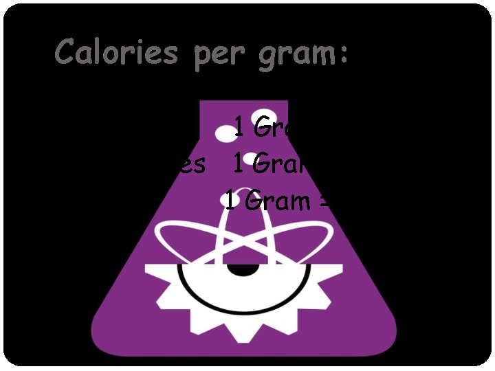 Calories per gram: Protein 1 Gram = 4 calories Carbohydrates 1 Gram = 4