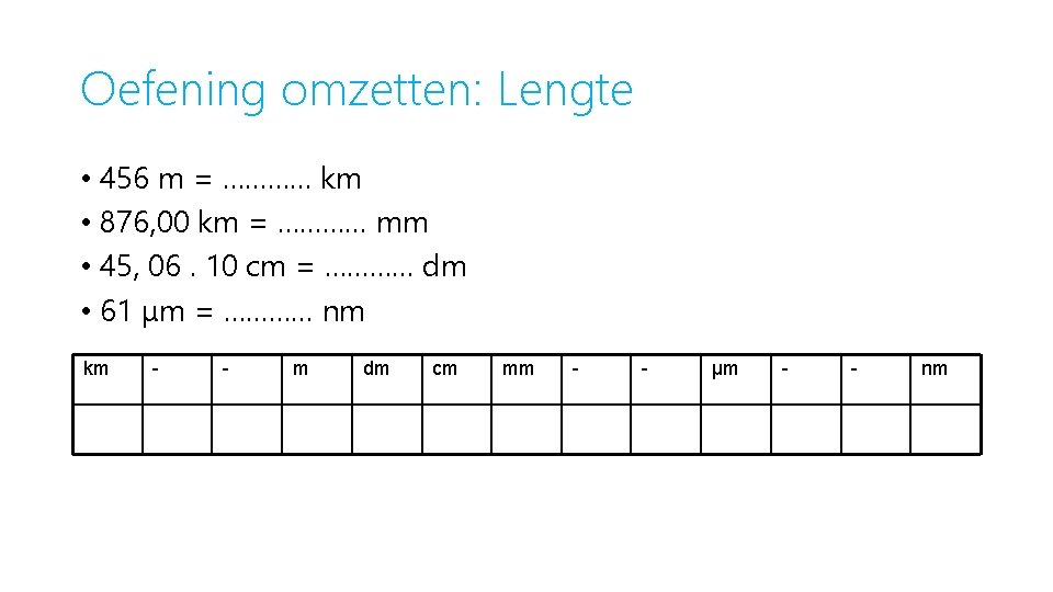 Oefening omzetten: Lengte • 456 m = ………… km • 876, 00 km =