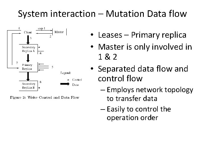 System interaction – Mutation Data flow • Leases – Primary replica • Master is