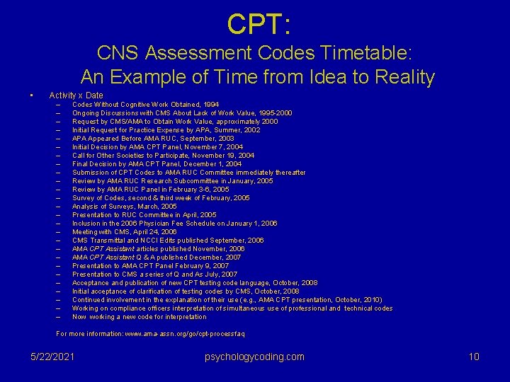 CPT: CNS Assessment Codes Timetable: An Example of Time from Idea to Reality •