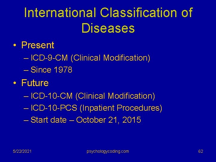 International Classification of Diseases • Present – ICD-9 -CM (Clinical Modification) – Since 1978