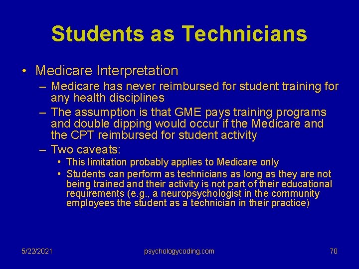 Students as Technicians • Medicare Interpretation – Medicare has never reimbursed for student training