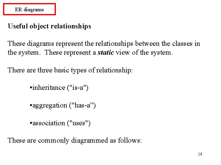 ER diagrams Useful object relationships These diagrams represent the relationships between the classes in