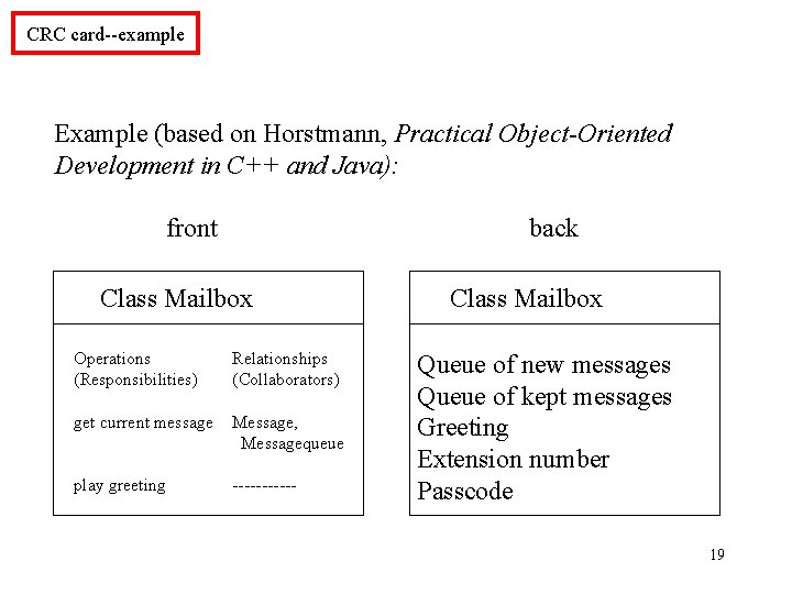 CRC card--example Example (based on Horstmann, Practical Object-Oriented Development in C++ and Java): front