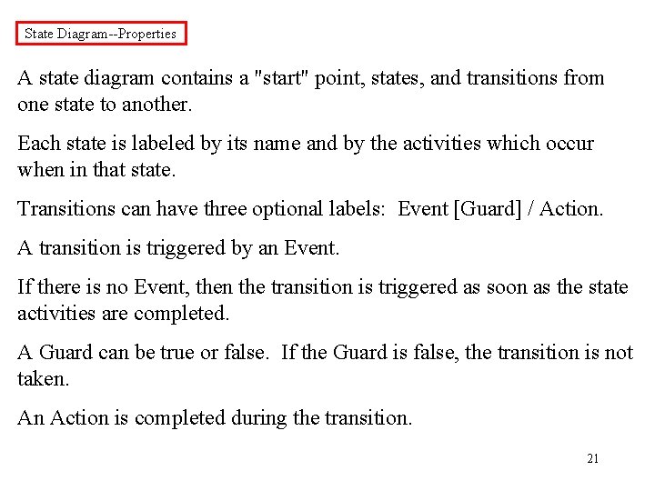 State Diagram--Properties A state diagram contains a "start" point, states, and transitions from one