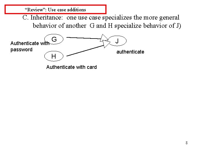 “Review”: Use case additions C. Inheritance: one use case specializes the more general behavior
